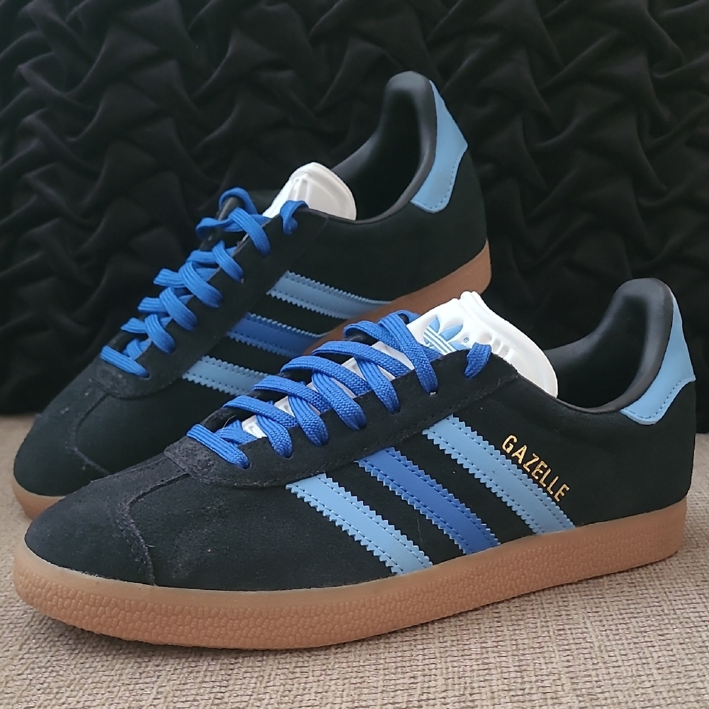 ADIDAS GAZELLE BLACK LIGHT BLUE WHITE WITH TAN GUMMY SOLE